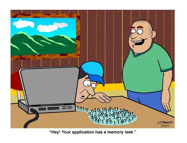 Image of memory leakage illustration. A computer ejecting some data while the computer operator is checking and a guy on green is laughing. (Image from https://www.krwalters.com/2018/03/14/memory-leak-in-woodstock/)
